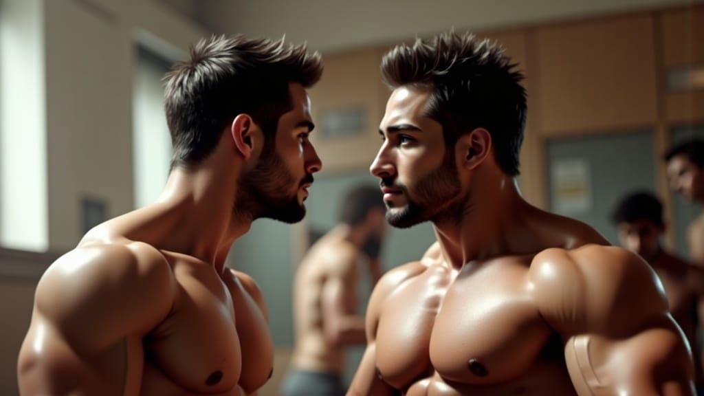 Two Muscular Javanese Men Embracing in School