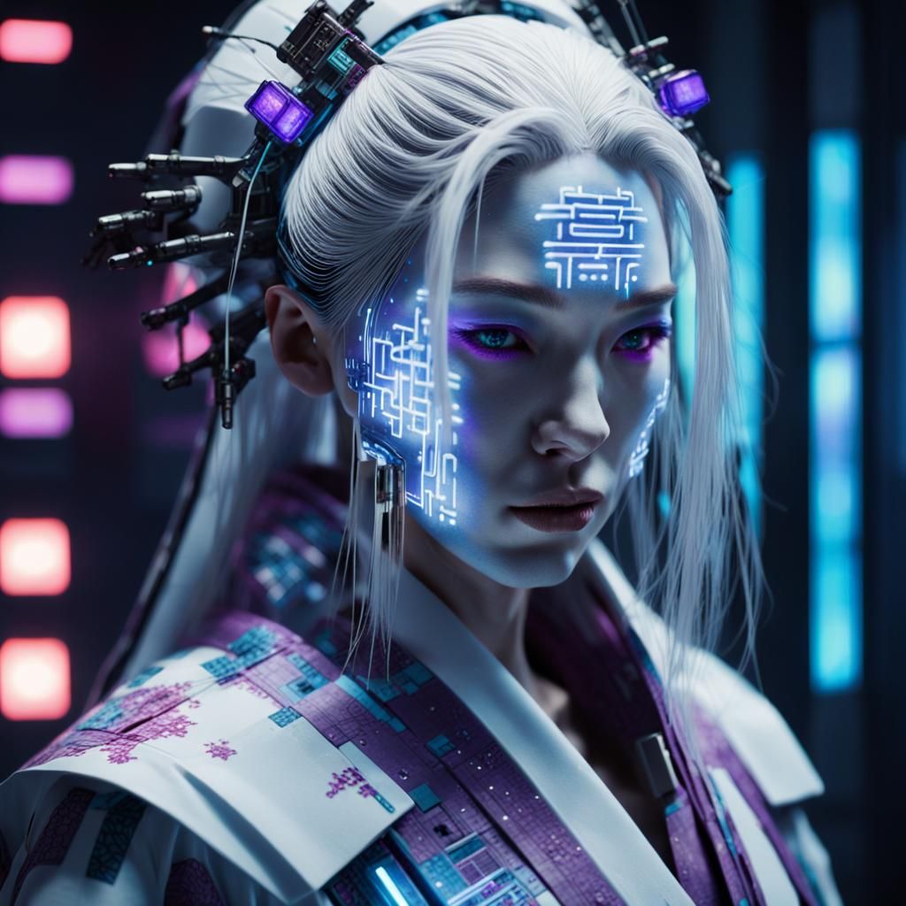 Cyberpunk Geisha Android Portrait in a Clean Room