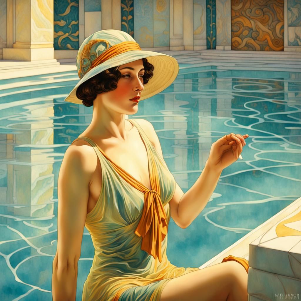 Art Deco Woman Emerging from Pool