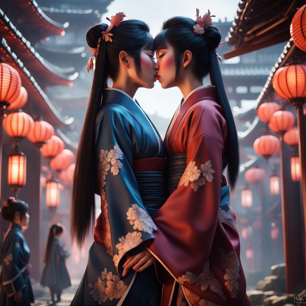 Japanese Women Kissing: Detailed Matte Painting