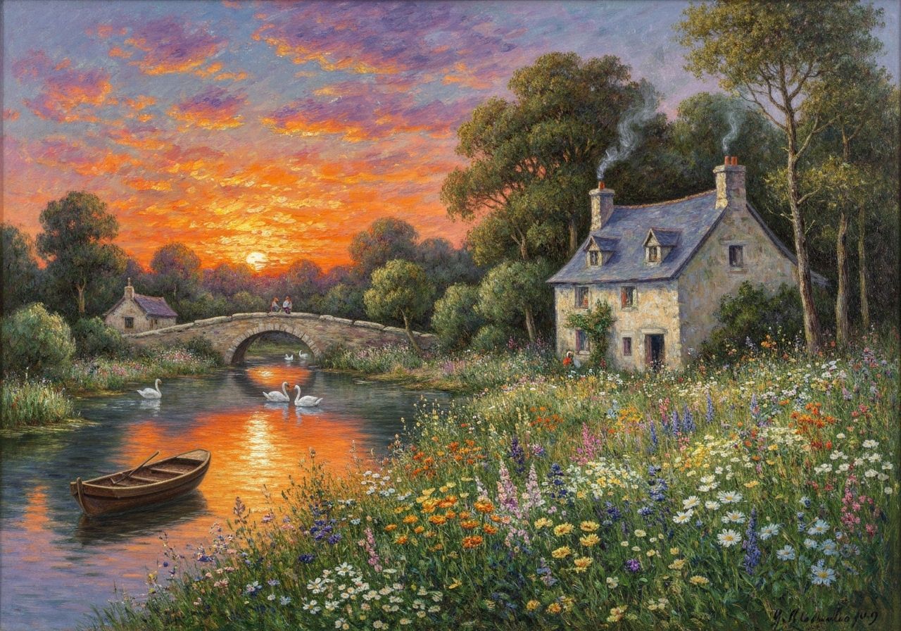 Impressionistic Woodland Garden at Sunset