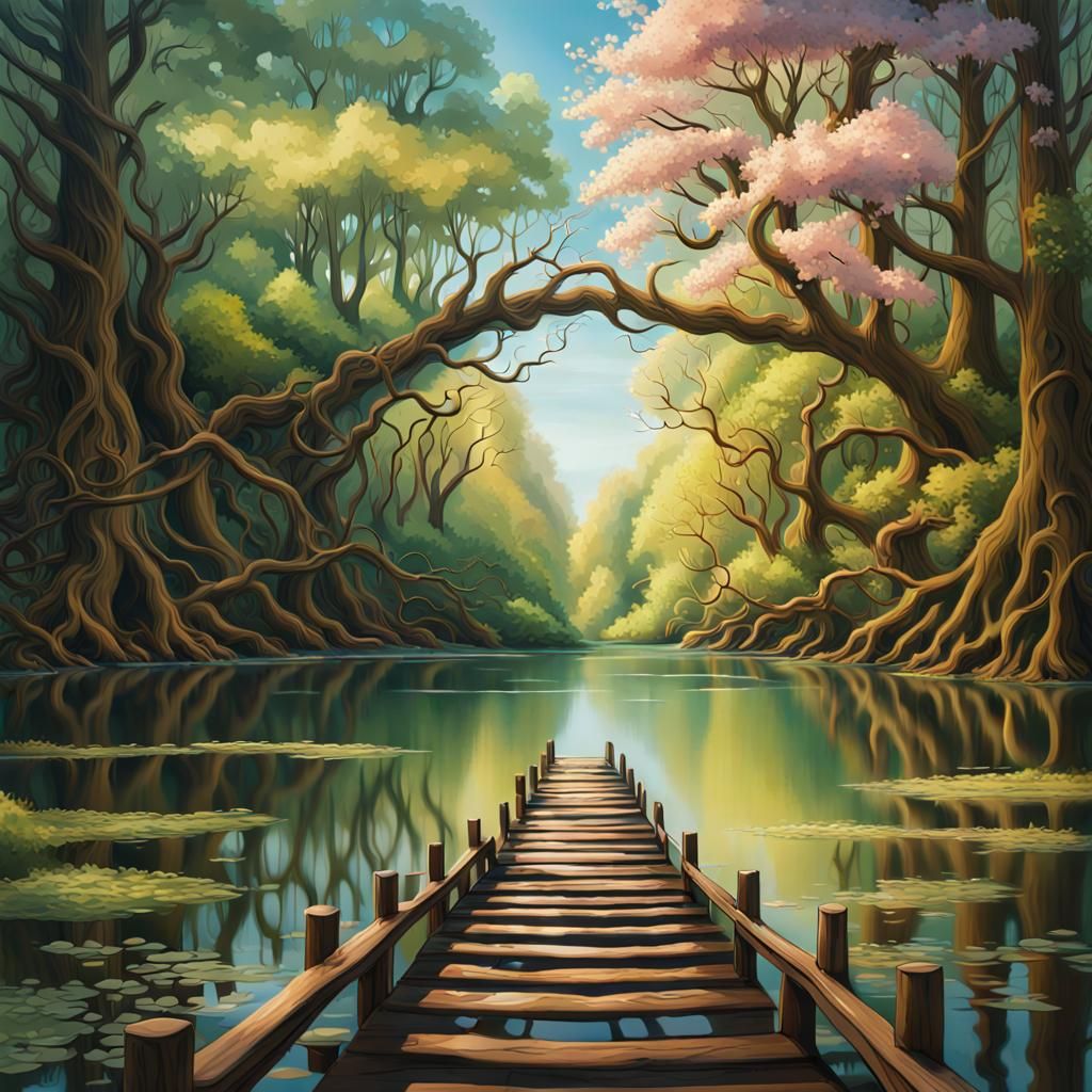 Serene Lakeside Forest Reflection in Hyperrealism