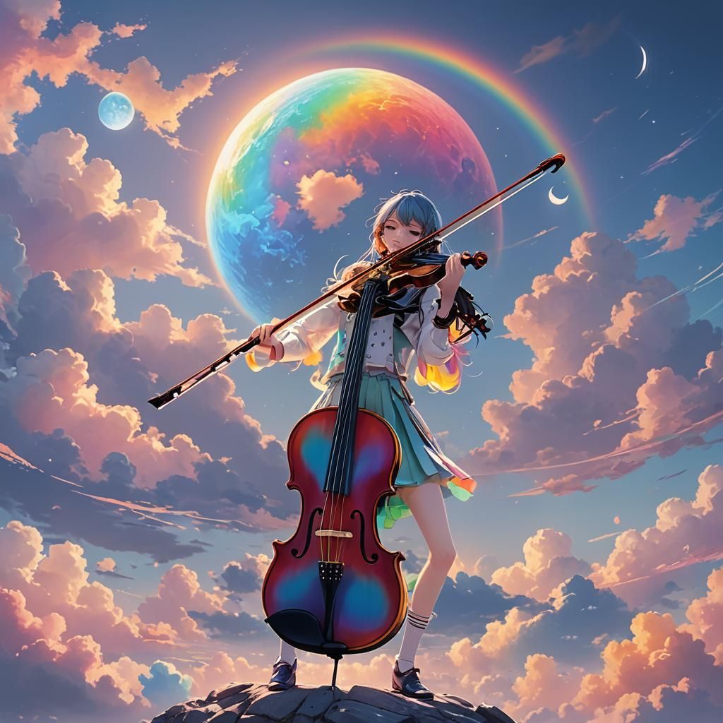 Rainbow Violin with Pastel Sky in 3D Anime Art