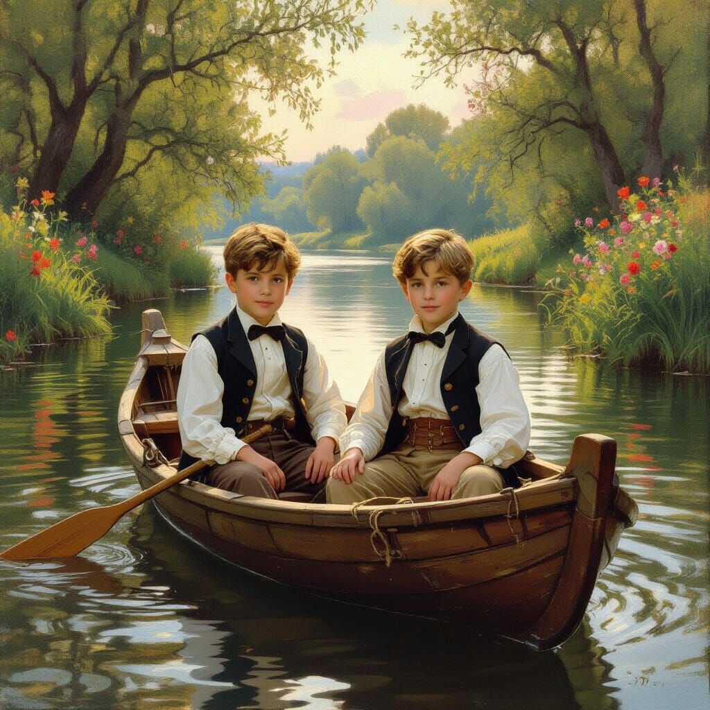 Boys in Boat on River, Classic Painting Style