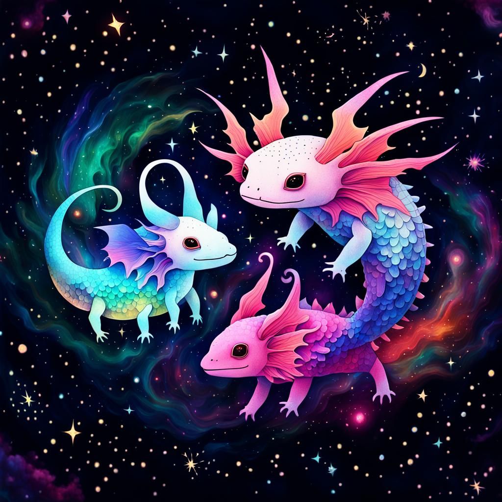 Galactic Axolotl and Bill Cipher in Swirling Nebula