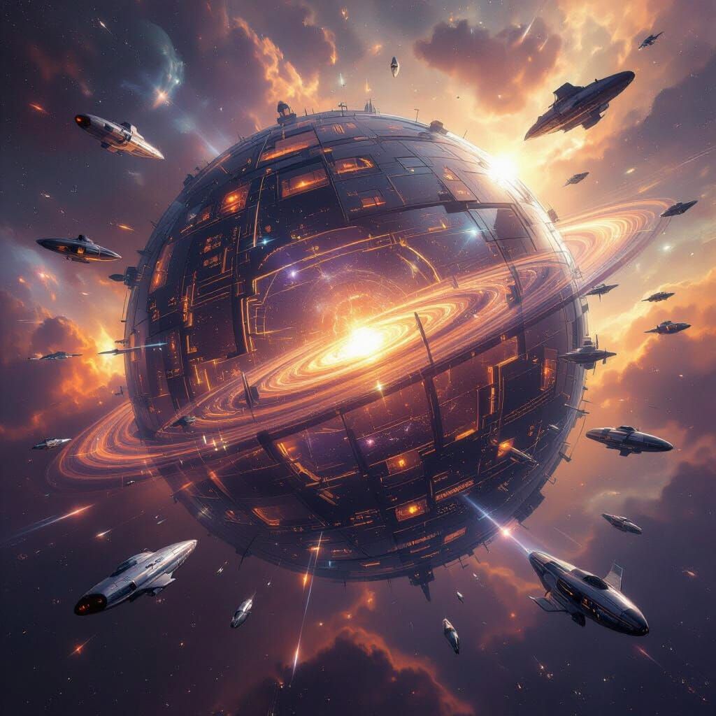 Giant Dyson Sphere Around Galaxy with Orbiting Spaceships