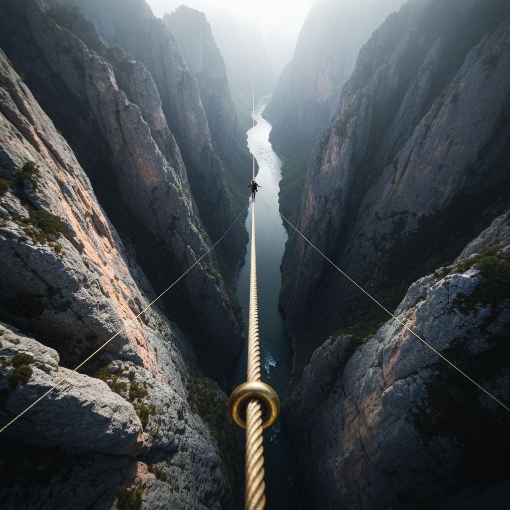 First-Person View of Tightrope Walker Over Gorge