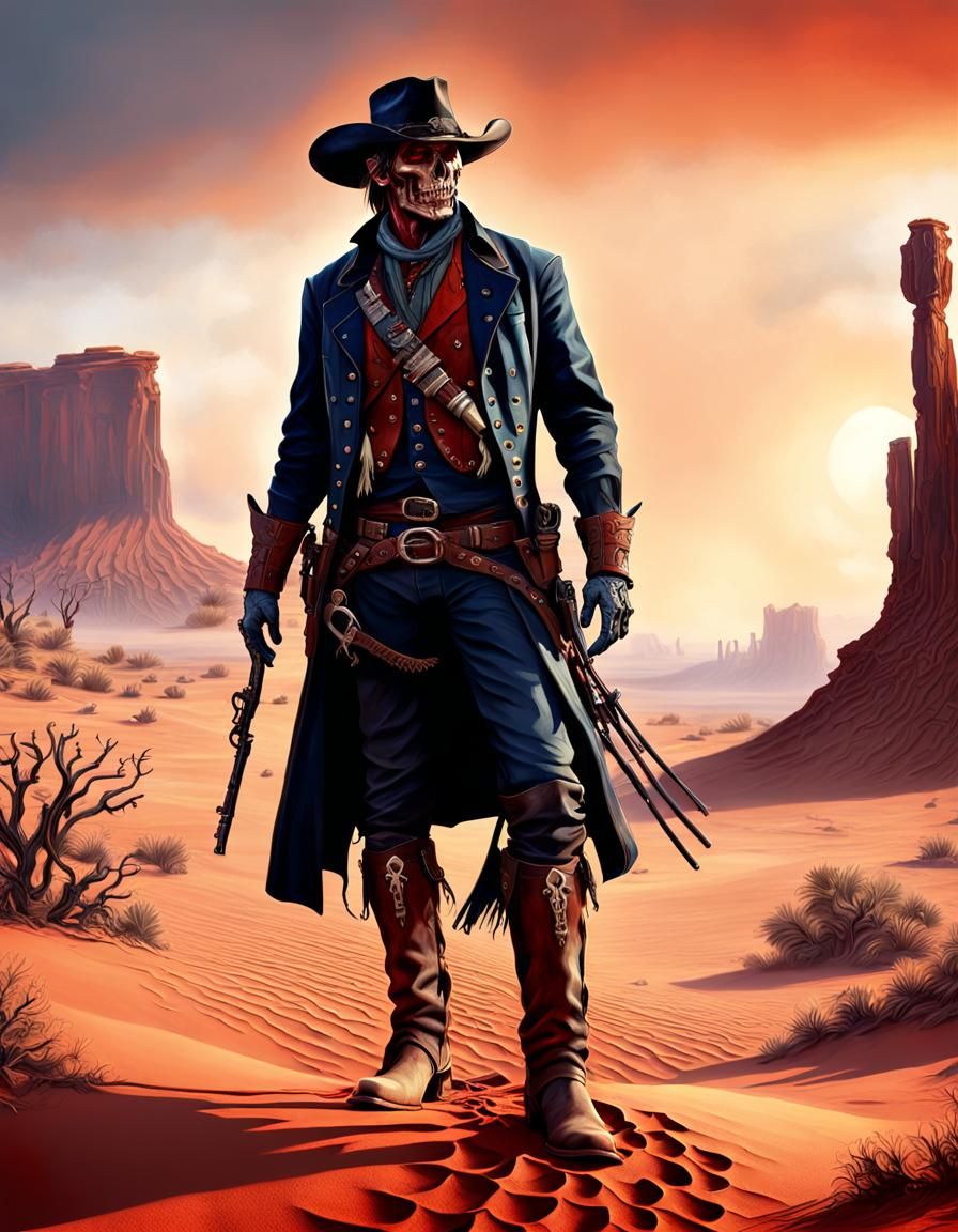 Zombie Cowboy on Skeletal Horse in Desert Sunset