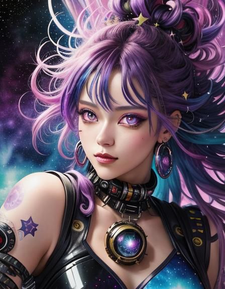 Colorful Punk Girl Portrait in Space, Anime Style