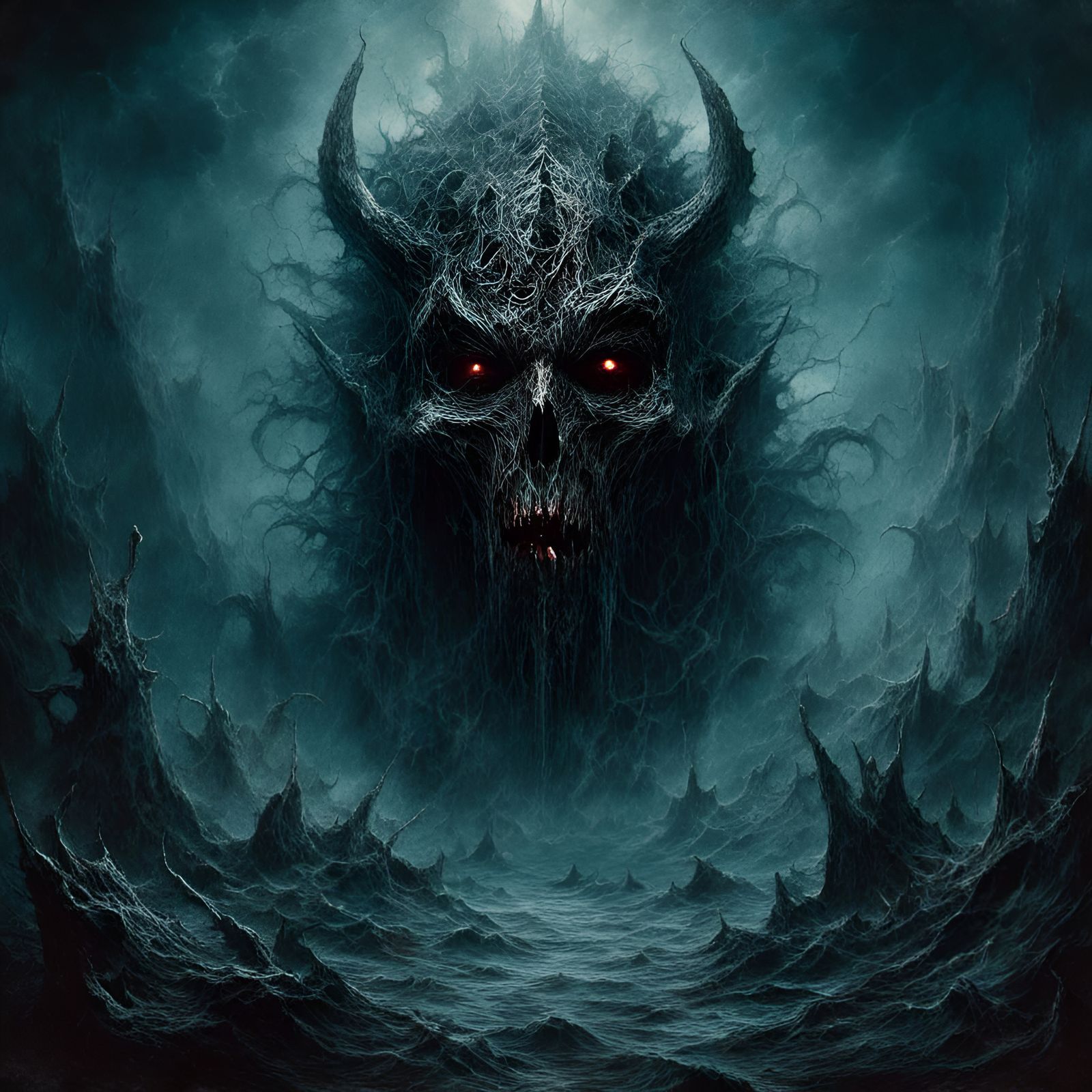 Demonic Face in Hellish Landscape: Black Metal Style