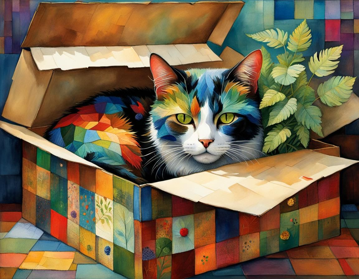 Cat in a Box: Whimsical Patchwork Illustration