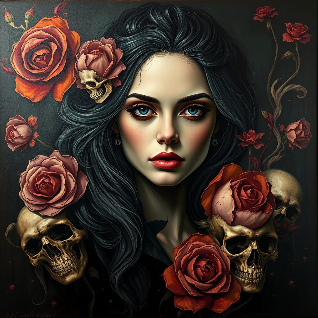 A striking impasto oil painting blending goth-punk aesthetic...