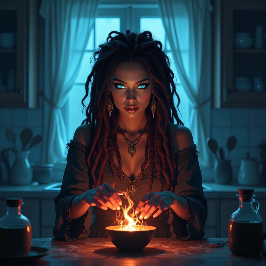Voodoo Witch Conjures Love Potion in Dark Fantasy Kitchen