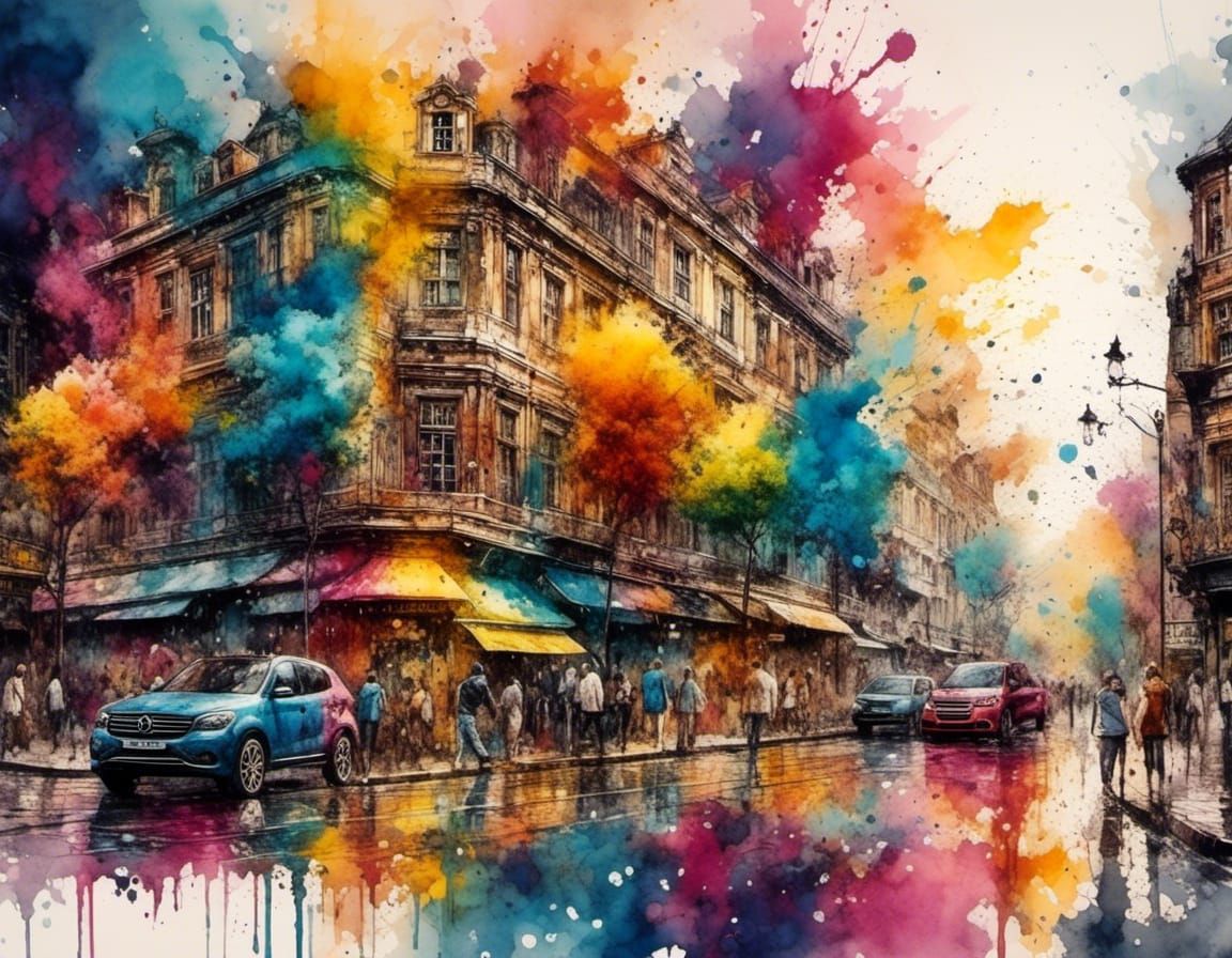 Dynamic Street Scene in Watercolor and Ink