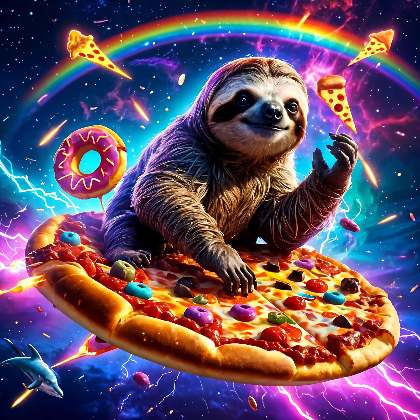 Neon Sloth on Pizza Slice in Donut Galaxy