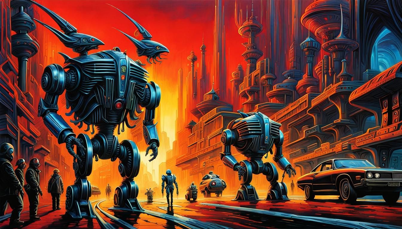 Cyberpunk Robot Road Rage: Digital Illustration