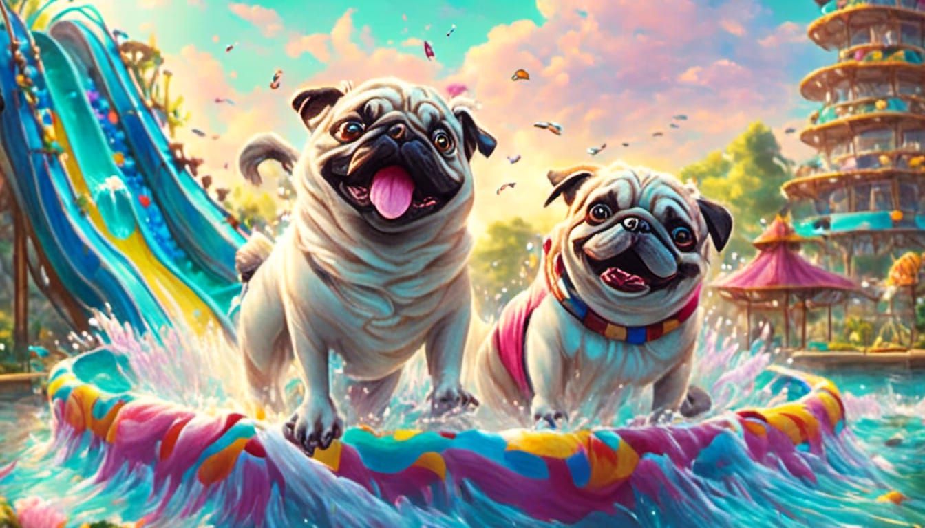 Pug Dog Having Fun on Water Slide
