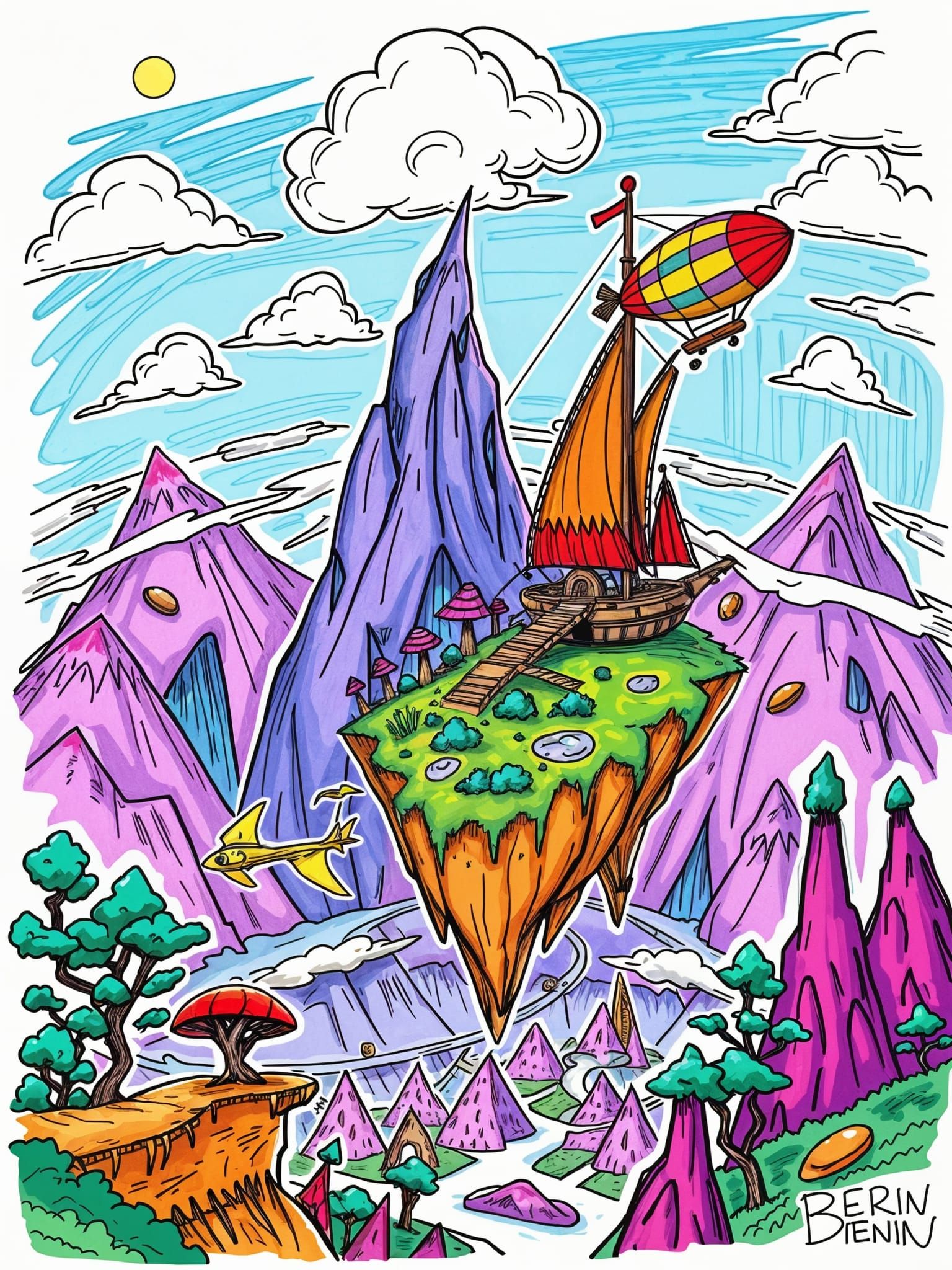Whimsical Fantasy Landscape in Sketchy Doodle Style