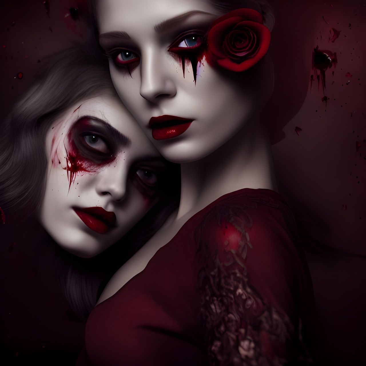 Beautiful Woman with Bloodstains in Dark Art Style