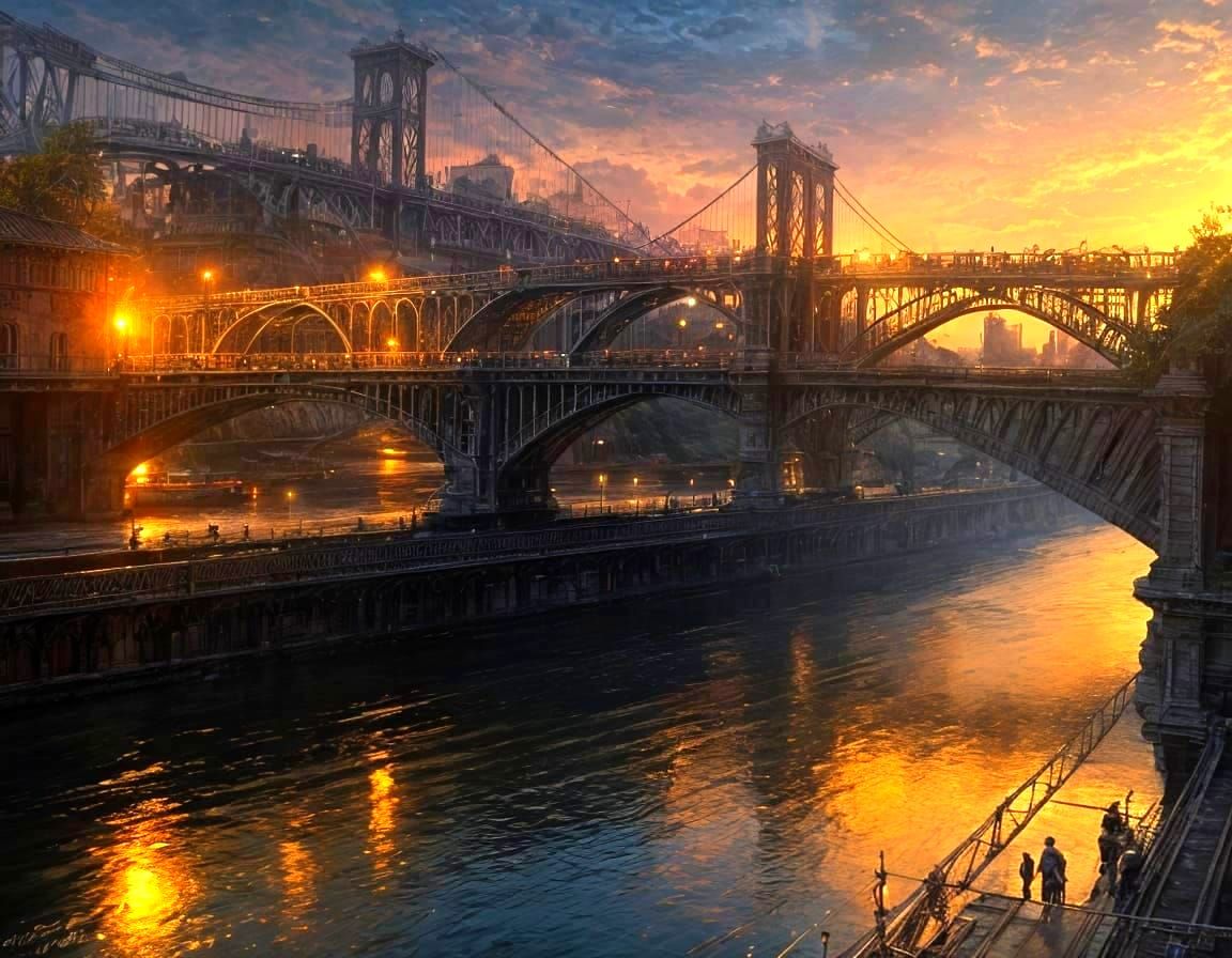 Golden Sunset Iron Bridge in Stunning Matte Painting