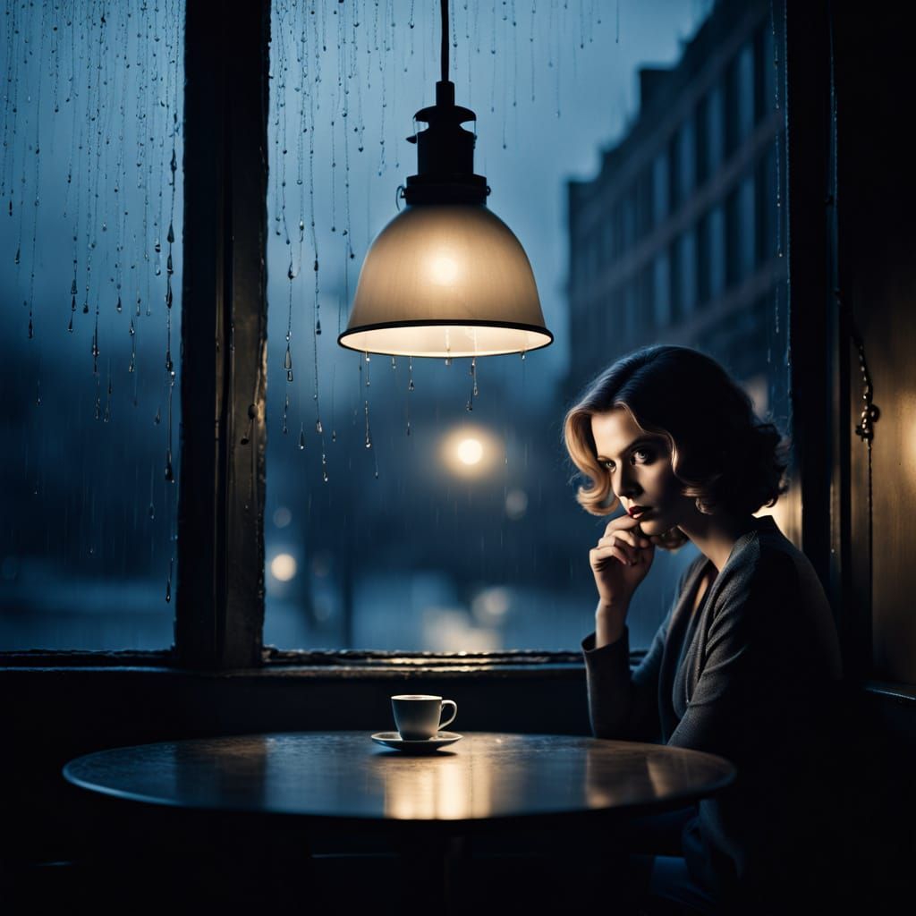 Rainy Night Cafe in Film Noir Style