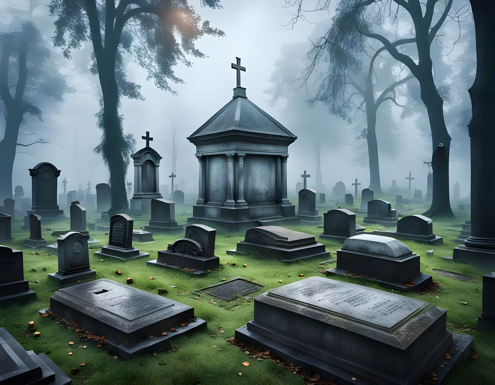 Mysterious Cemetery in Fog, with Ancient Mausoleum and Weath...