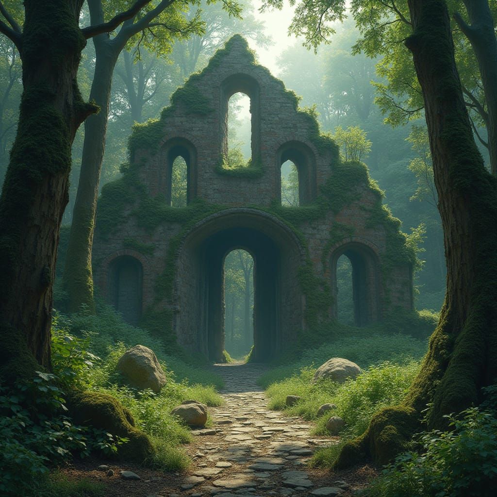 Fae-Inhabited Ancient Ruins in Whimsical Fantasy Art
