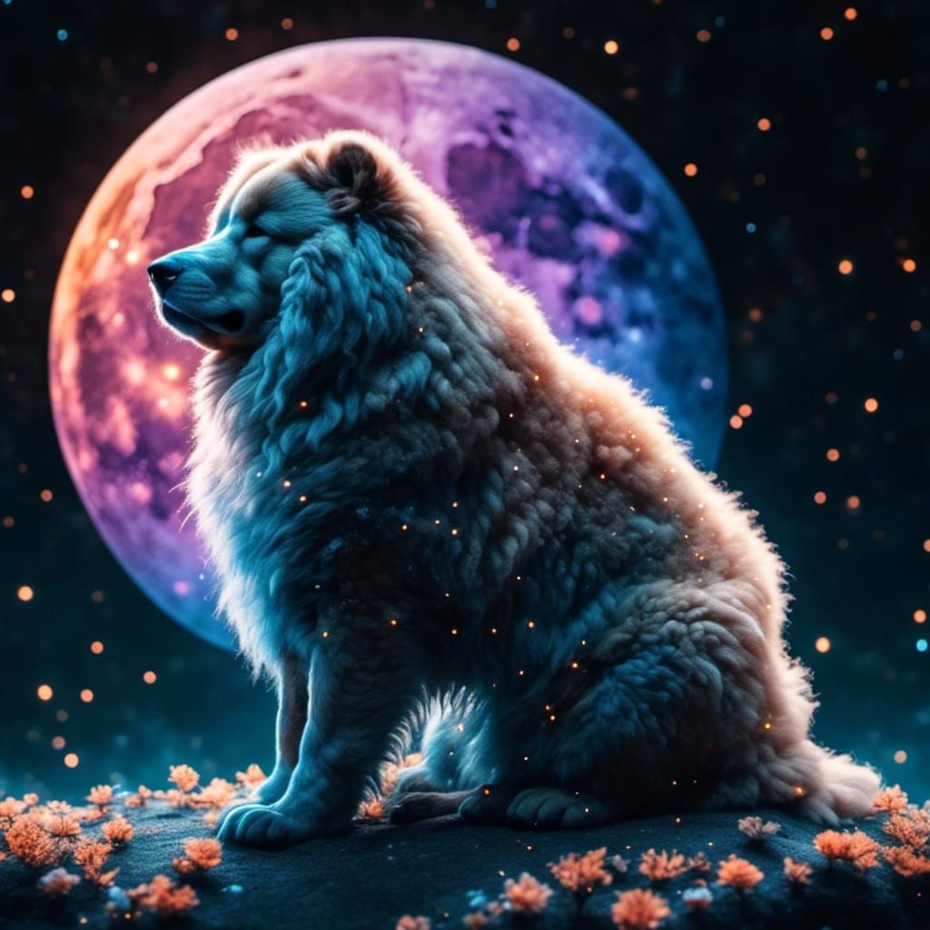 Chow Chow Gazing at Moon in Vaporwave Style