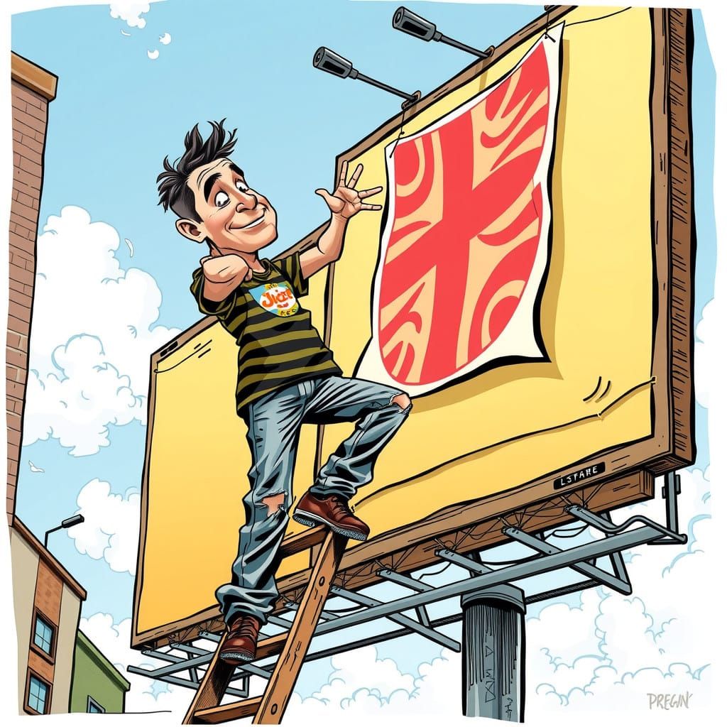 Relaxed Man Puts Up a Billboard Poster