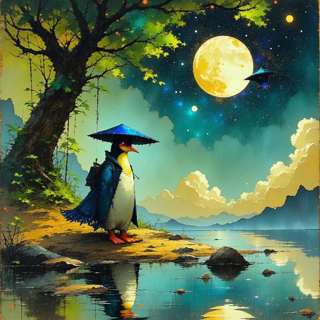 Cyberpunk Penguin Confronts a Cosmic Masterpiece