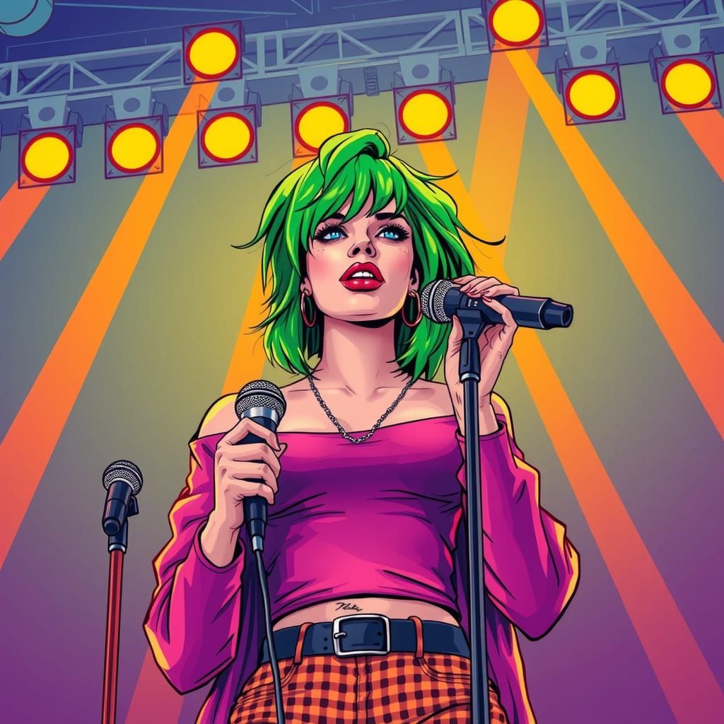 Energetic Pop Star with Green Hair and Vintage Mics