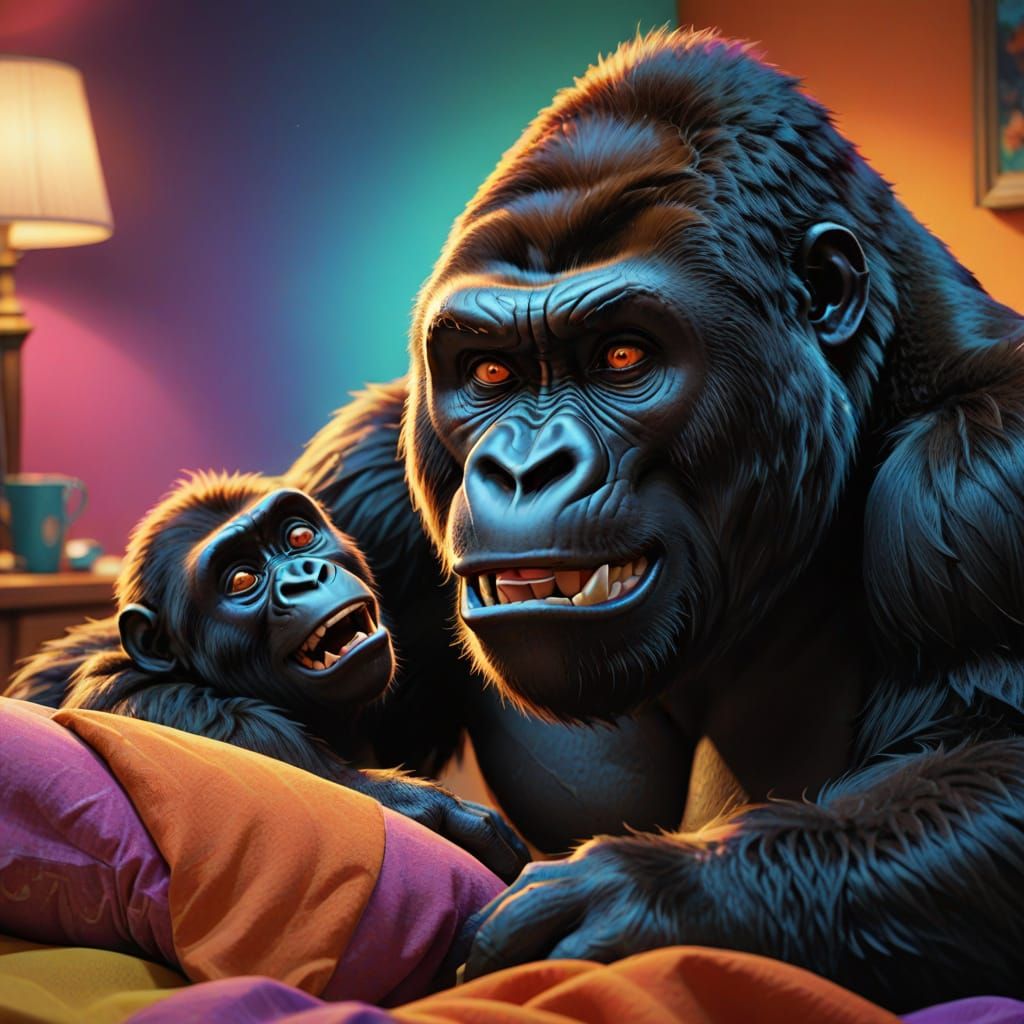 Gorilla Attacking Sleeping Man in Bed, Chased by Sheeps