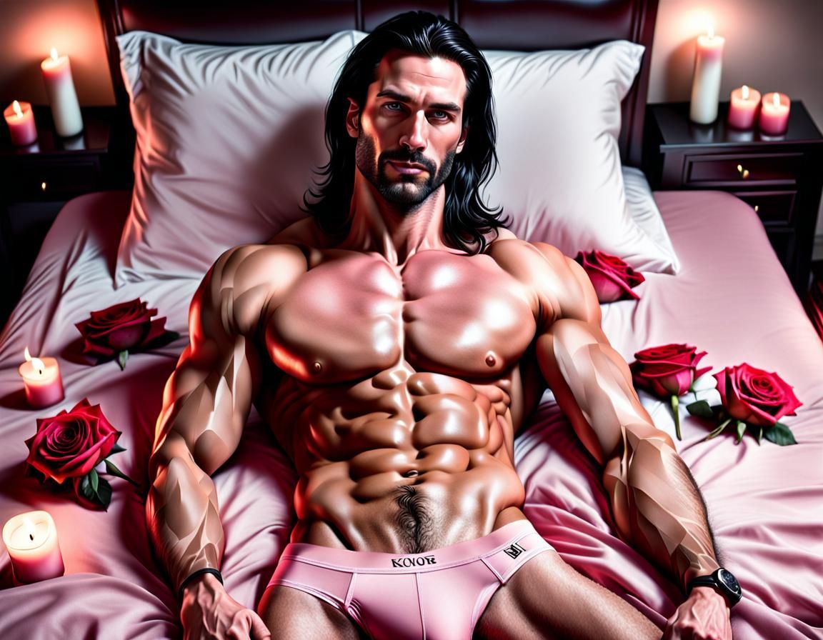 Two Handsome Men Lying on Bed with Roses