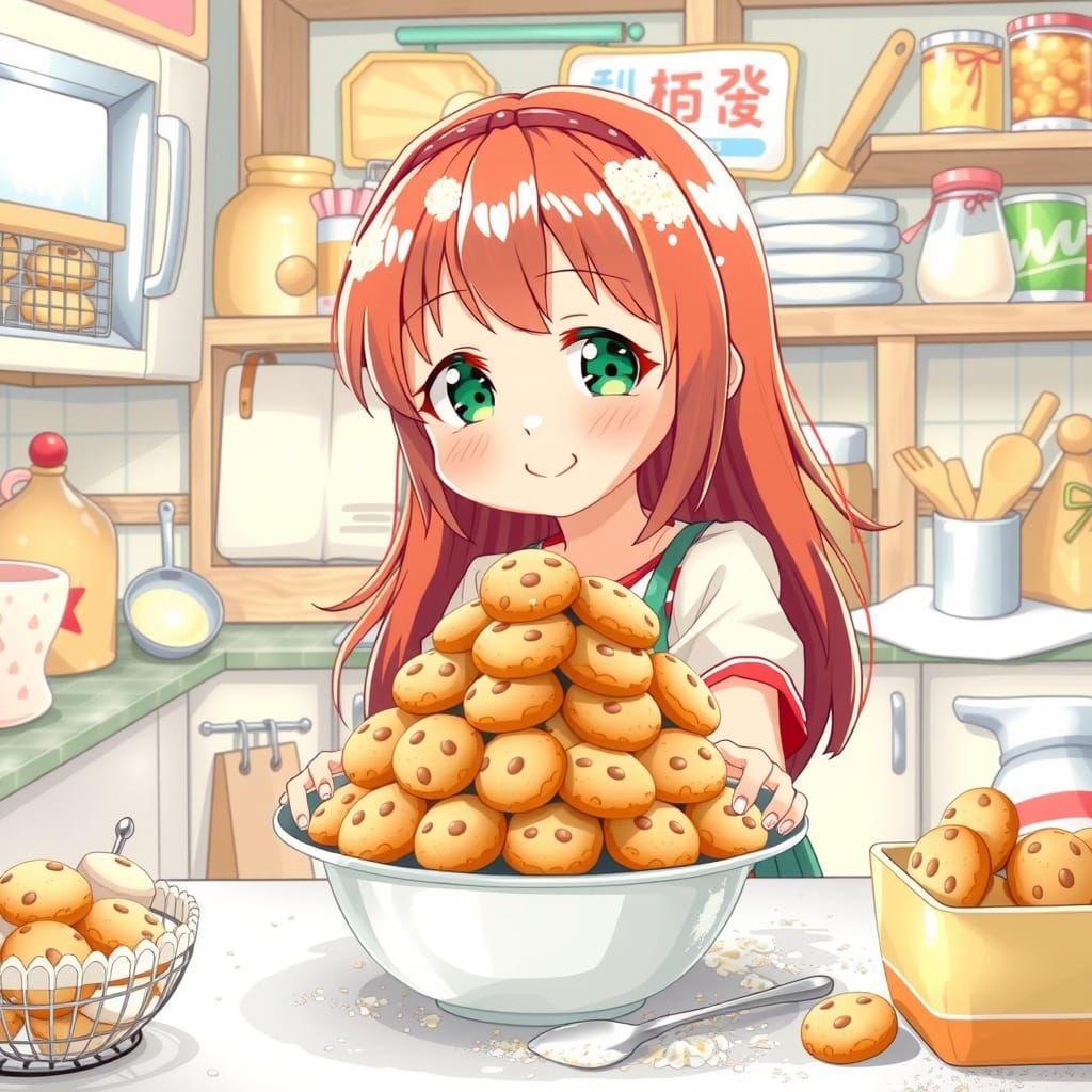 Anime Girl Baking Cookies in Cheerful Kitchen