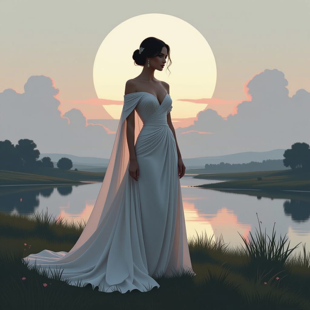 Woman in Serene Landscape, Dreamy Style