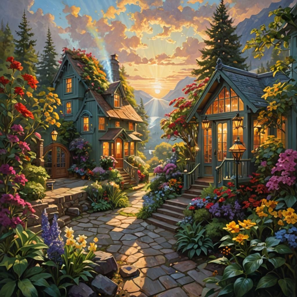 Autumn Forest House with Wildflowers, Oil Painting