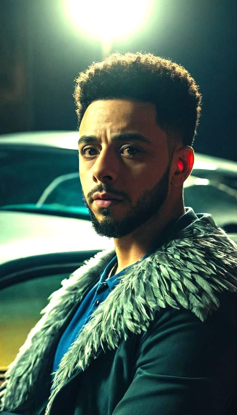 Elegant Man Standing Beside a Car Under a Starlit Night Sky