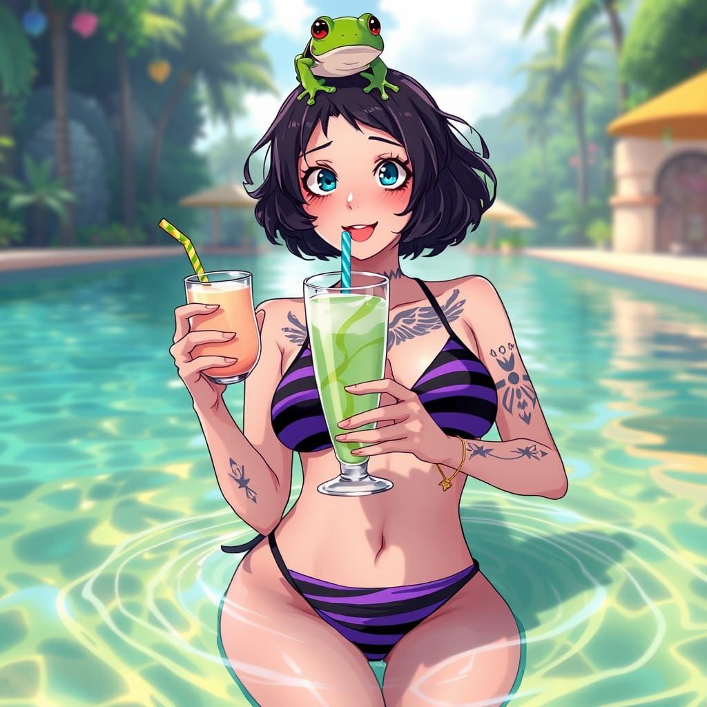 Whimsical Emo Girl with Frog in a Serene Pool Scene