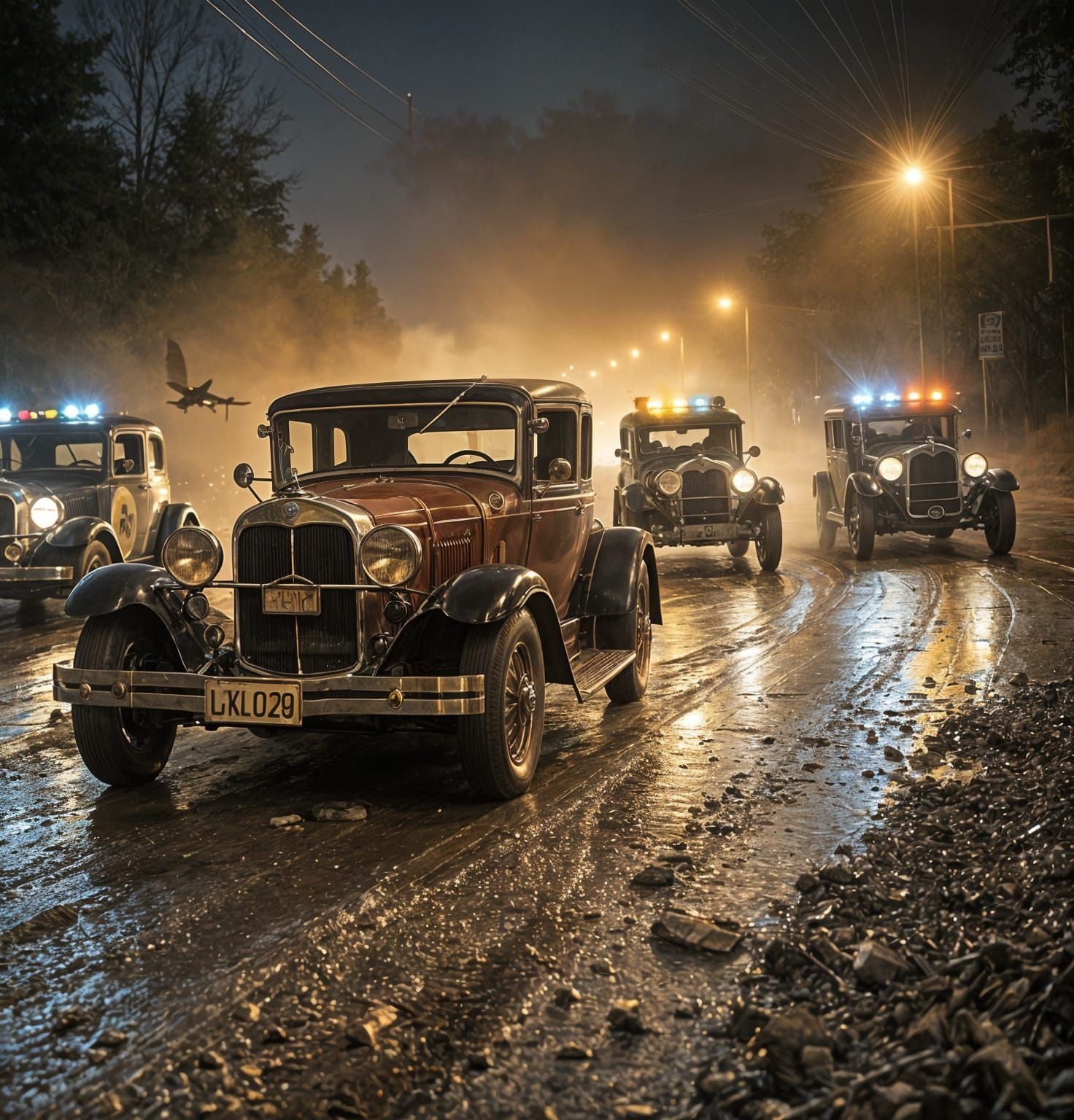 1920s bootlegger police chase at night — extreme worm’s eye ...