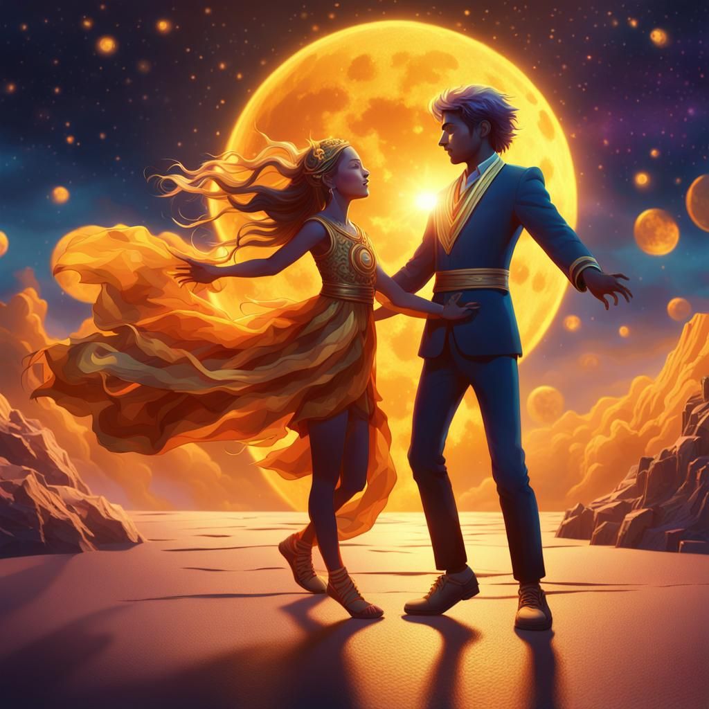 Dramatic Sun and Moon Dance in a Vibrant, Surreal Landscape