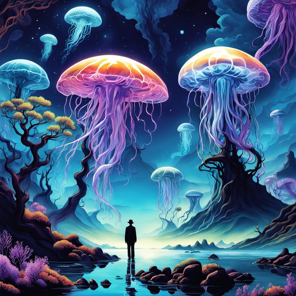 Surreal Bioluminescent Jellyfish in Dreamlike Landscape