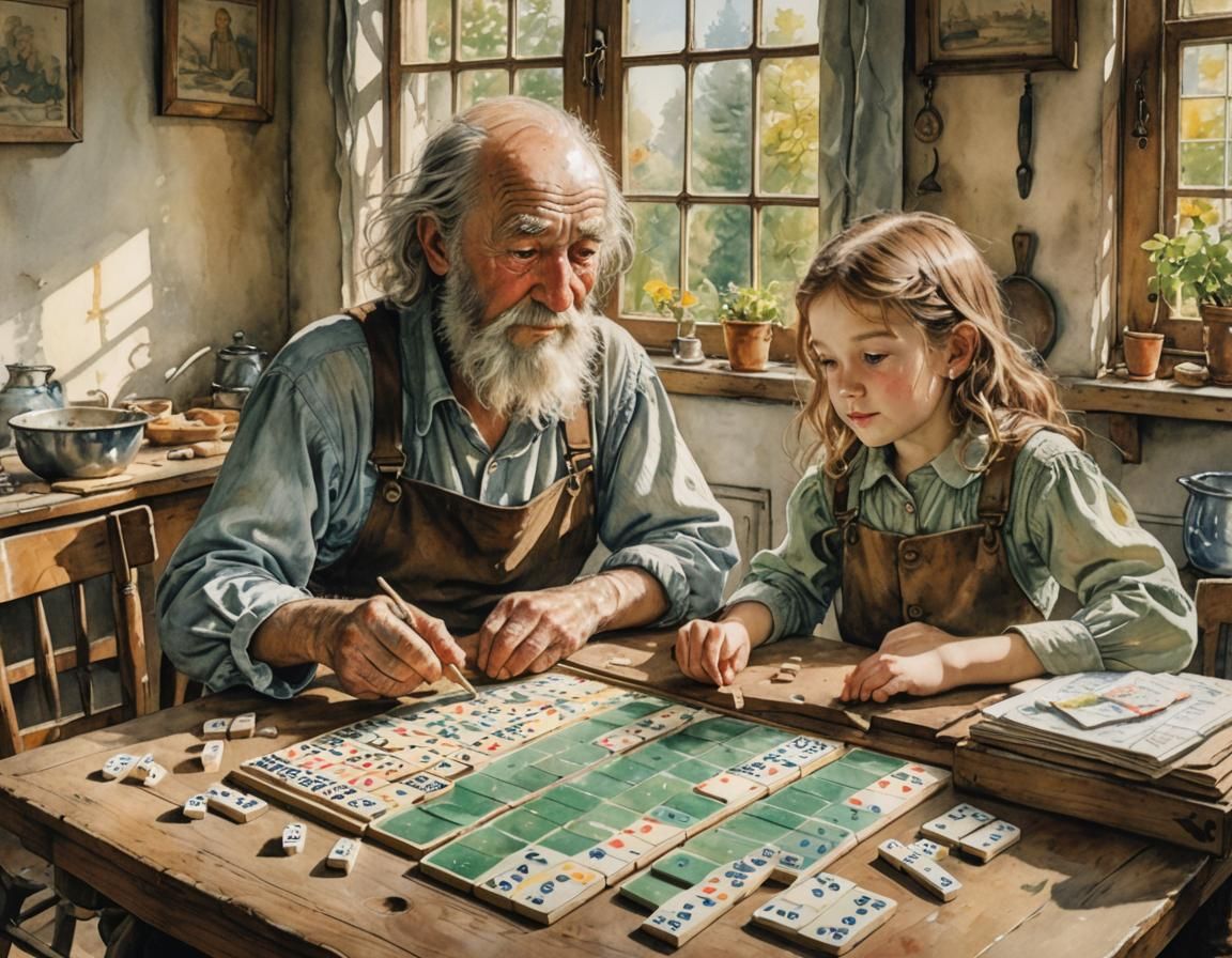 Child and Grandfather Playing Dominoes, Watercolour