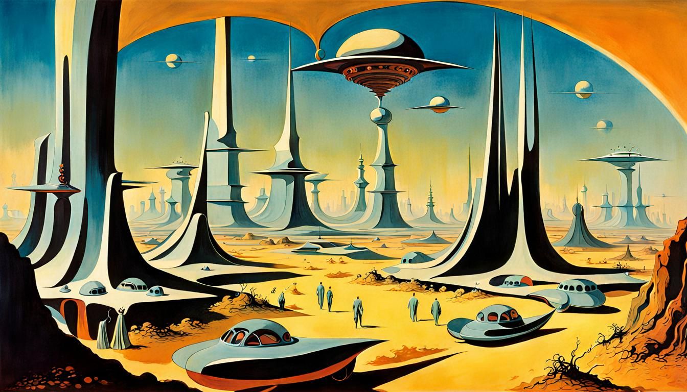 Surreal Retrofuturistic Cityscape in Salvador Dali Style