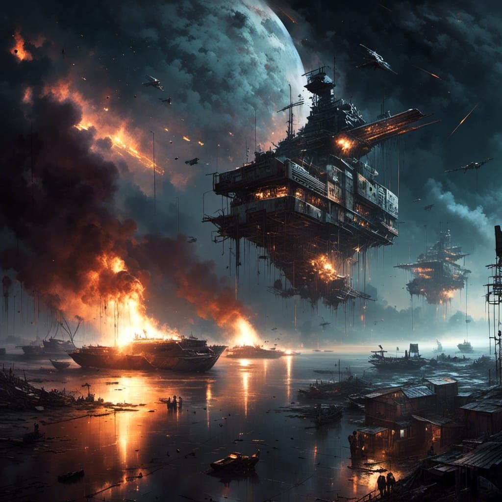 Dystopian Attack Ships Burning in Space: Trashpunk Aesthetic