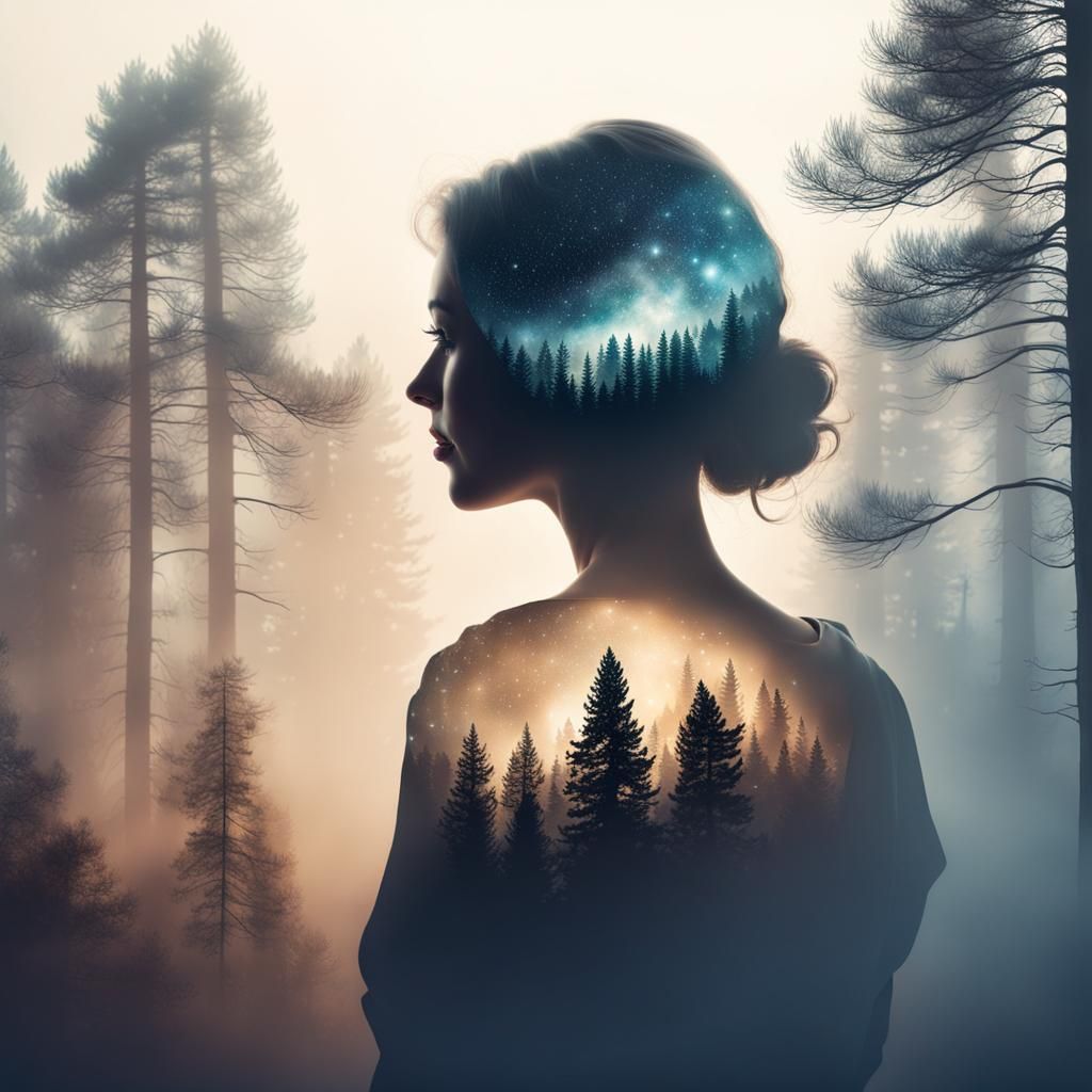 Ethereal Double Exposure: Forest, Silhouette, Stars
