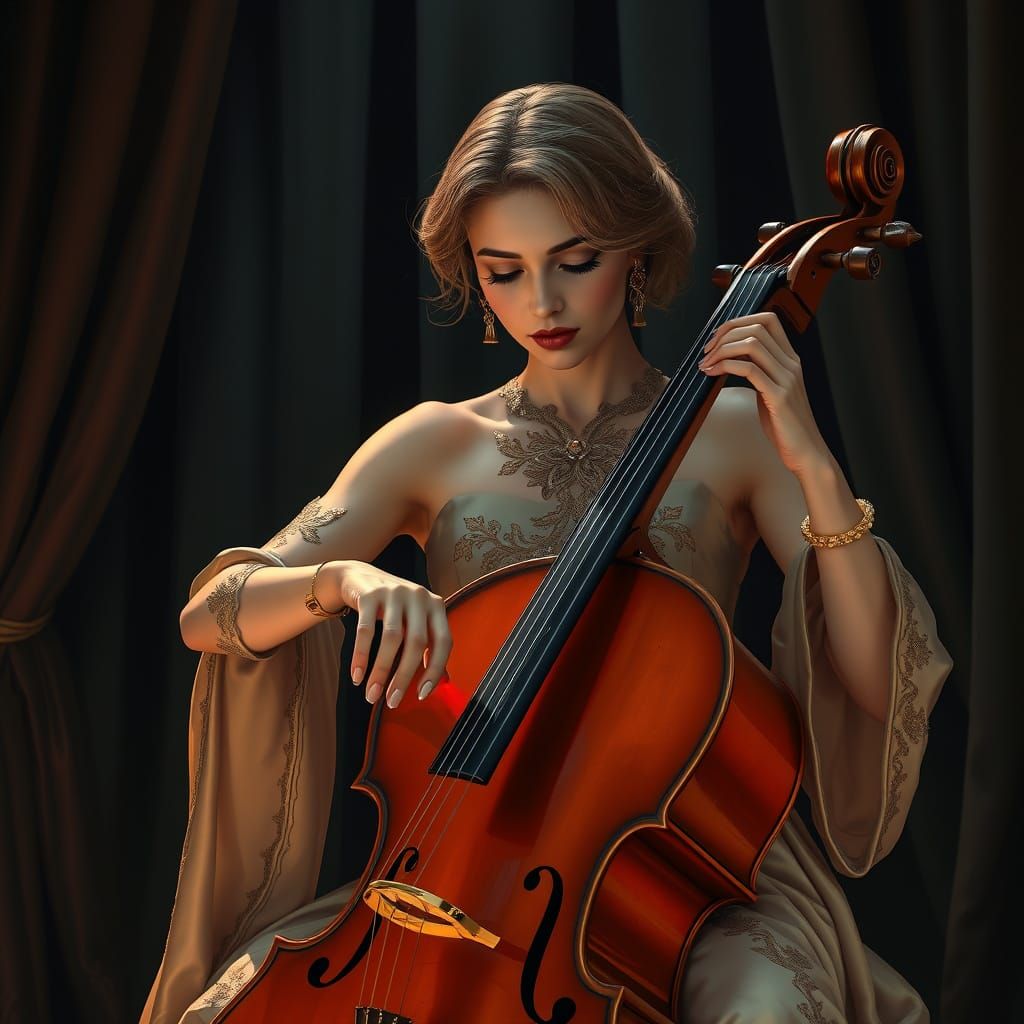 Cello Player in Luxurious Room, in Sleek Futurism Style