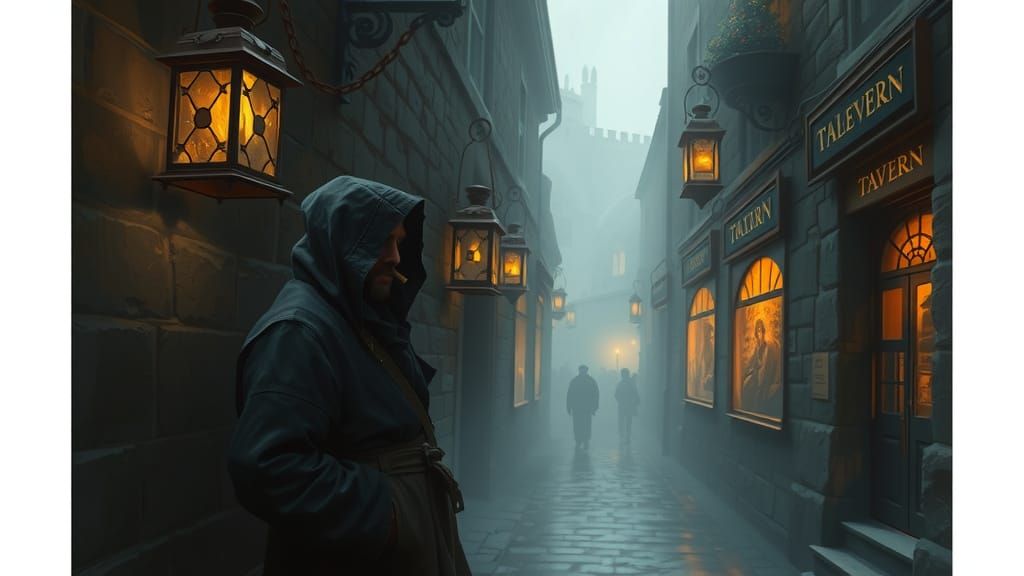Misty Alleyway Respite with Lanterns and Tavern Light
