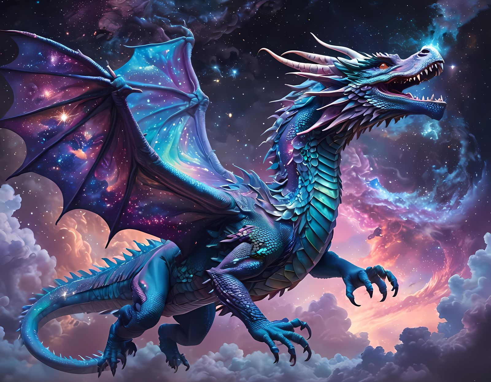 Cosmic Dragon Flight: Holographic Astral Illustration