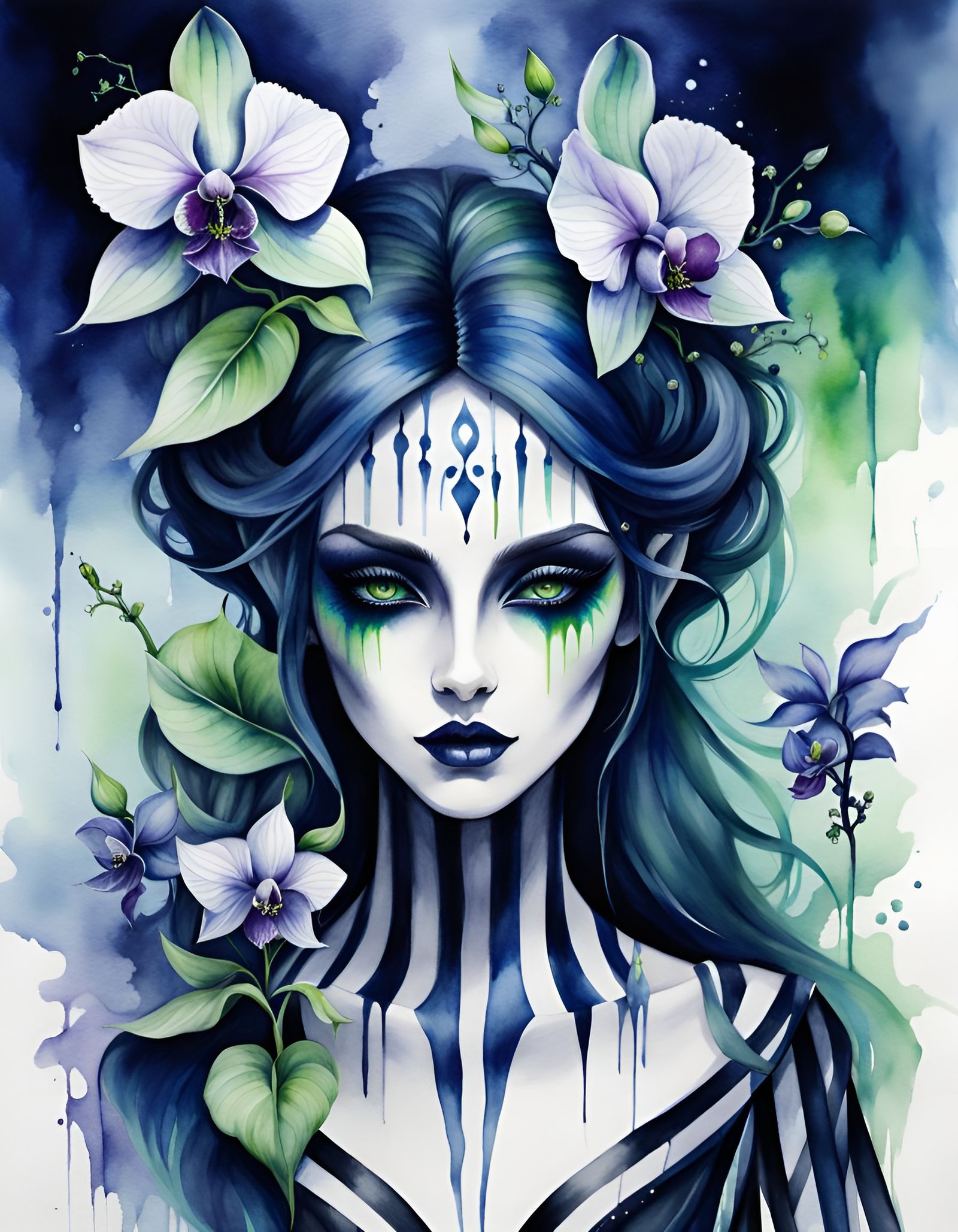 Gothic Fey with Orchid in Watercolor Style