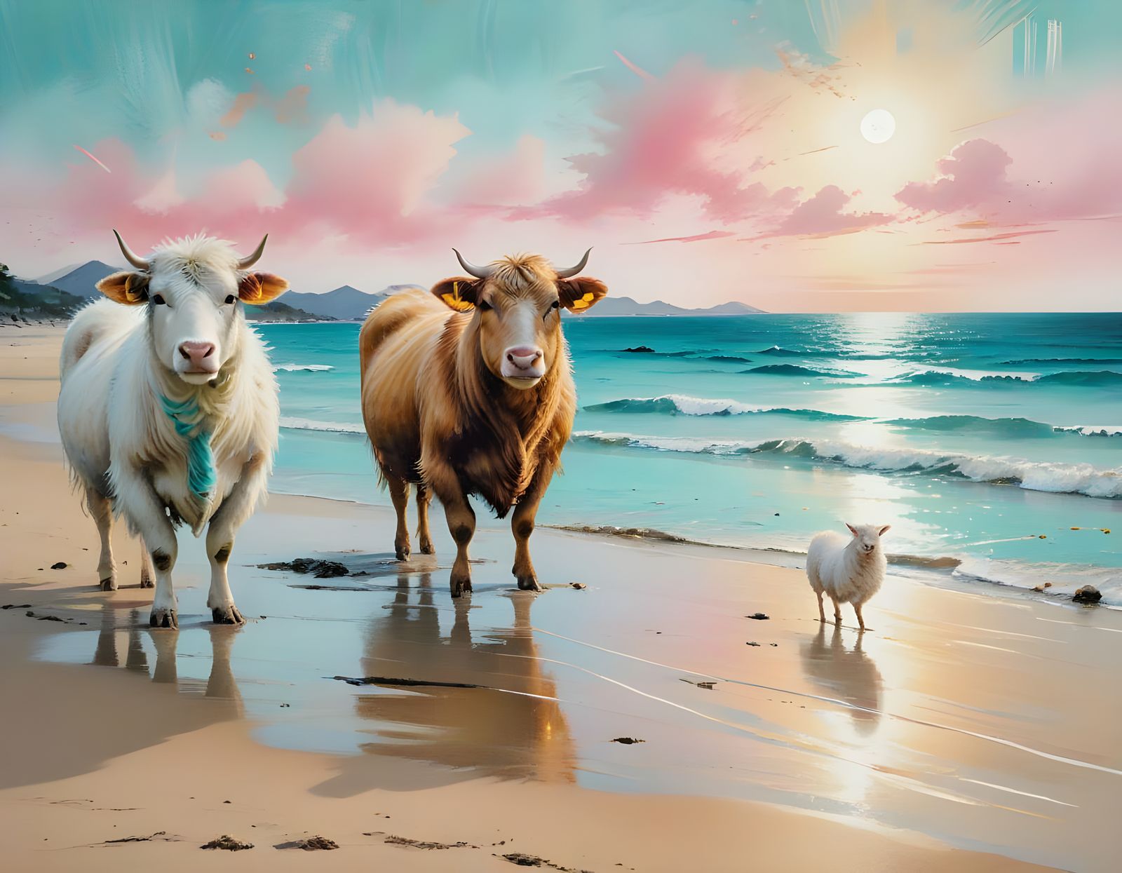Cow, Sheep, and Rooster at the Beach